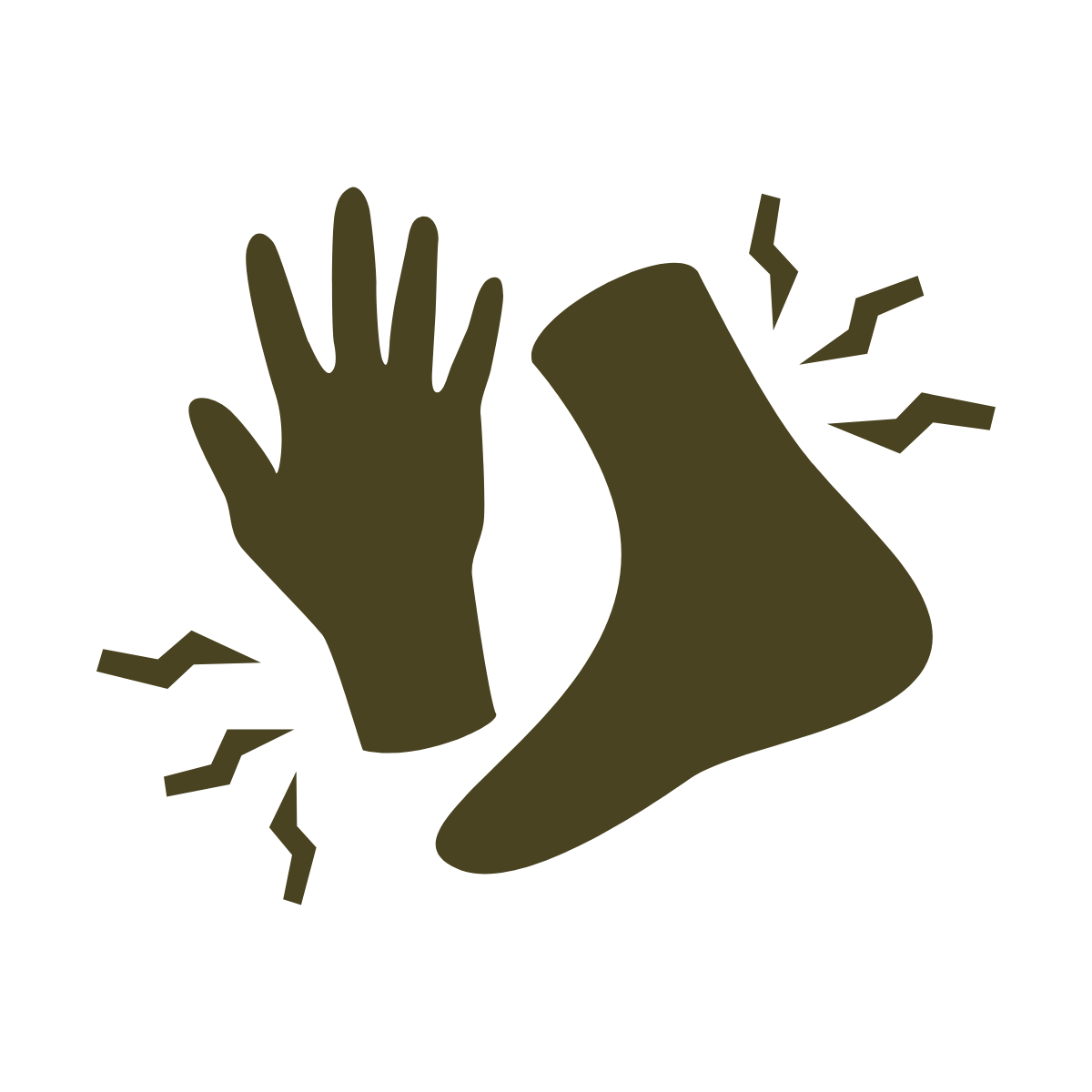Warning sign showing a hand and a foot with lightning bolts to indicate injury hazard.