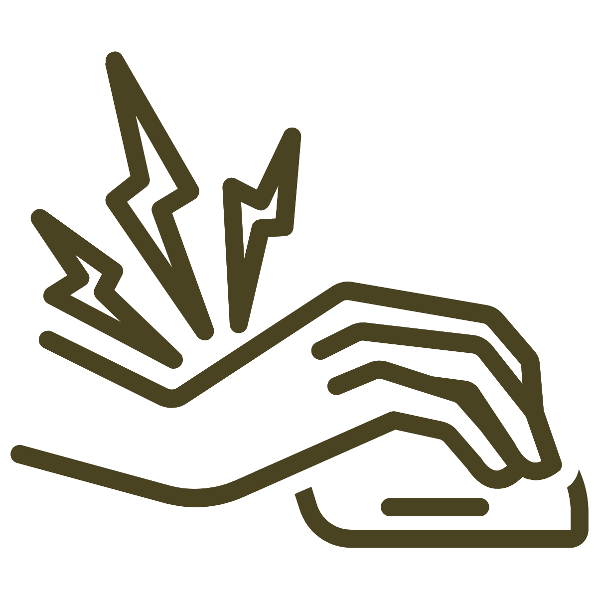 Outline of a hand with lightning bolts above it, symbolizing pain or electrical shock.