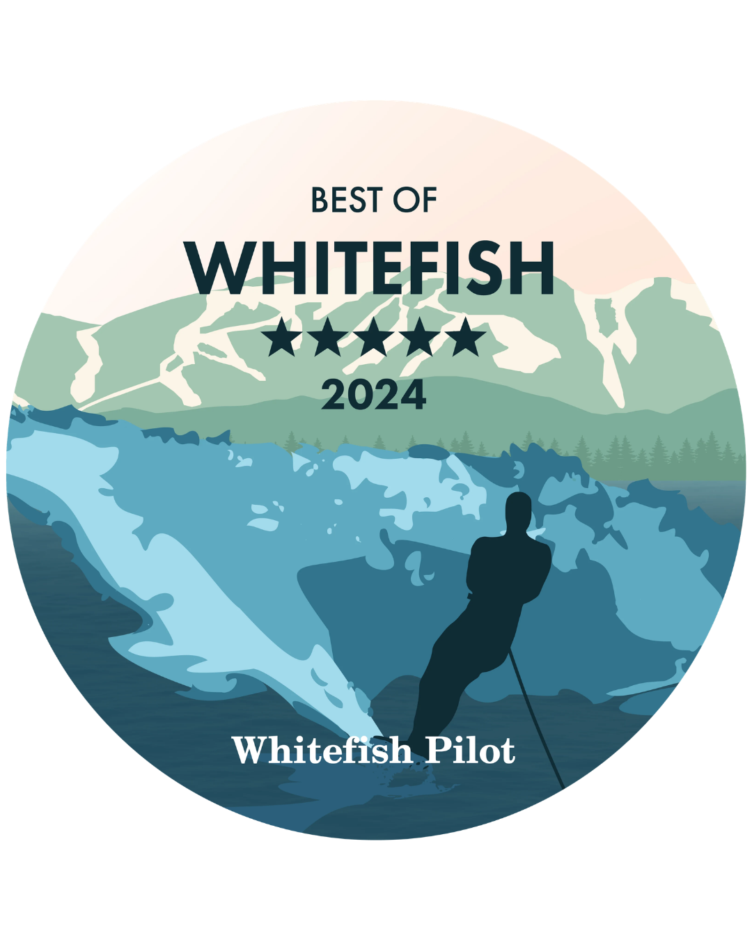 Circular graphic with mountains, trees, and a lake background. Text reads "Best of Whitefish 2024." A silhouette of a person wakeboarding on water. Award is recognizing Two Sparrows Family Chiropractic in Whitefish, Montana as best chiropractor.