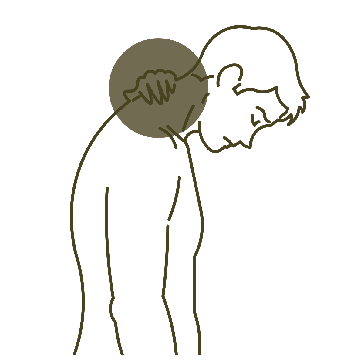 Minimalist line drawing of a young man with a beard, wearing glasses, looking down in a thoughtful pose.