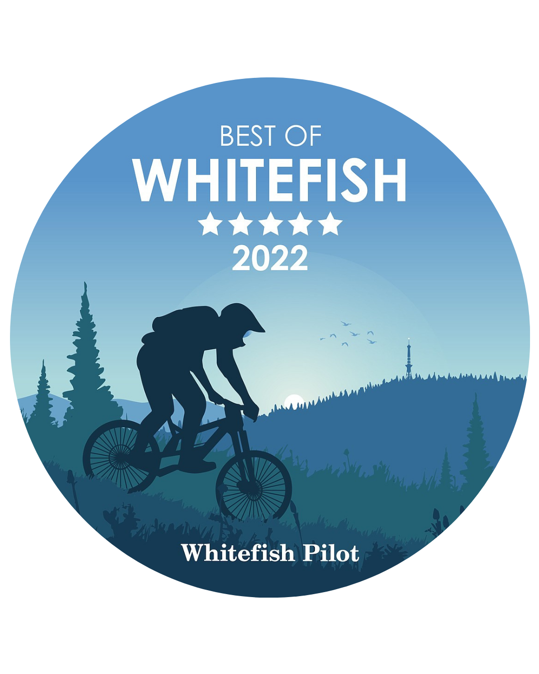 Blue circular badge with silhouette of a person riding a mountain bike, with text that reads 'Best of Whitefish 2022' and 'Whitefish Pilot'. Award is recognizing Two Sparrows Family Chiropractic in Whitefish, Montana as best chiropractor.