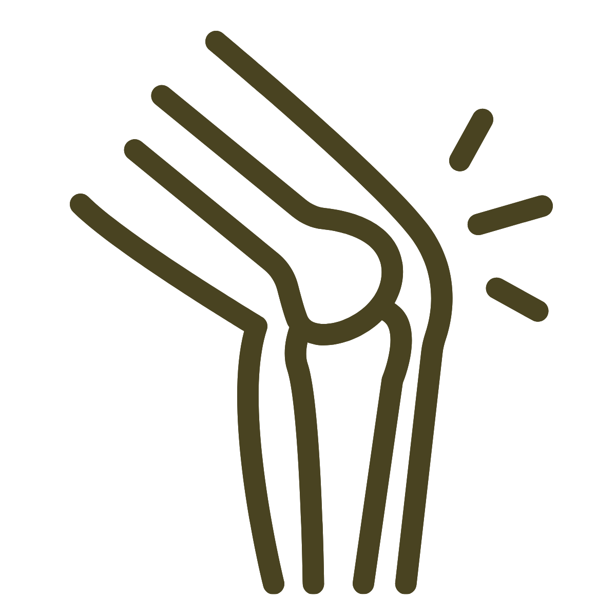 Illustration of a knee joint with radiating lines, indicating pain or injury in the knee