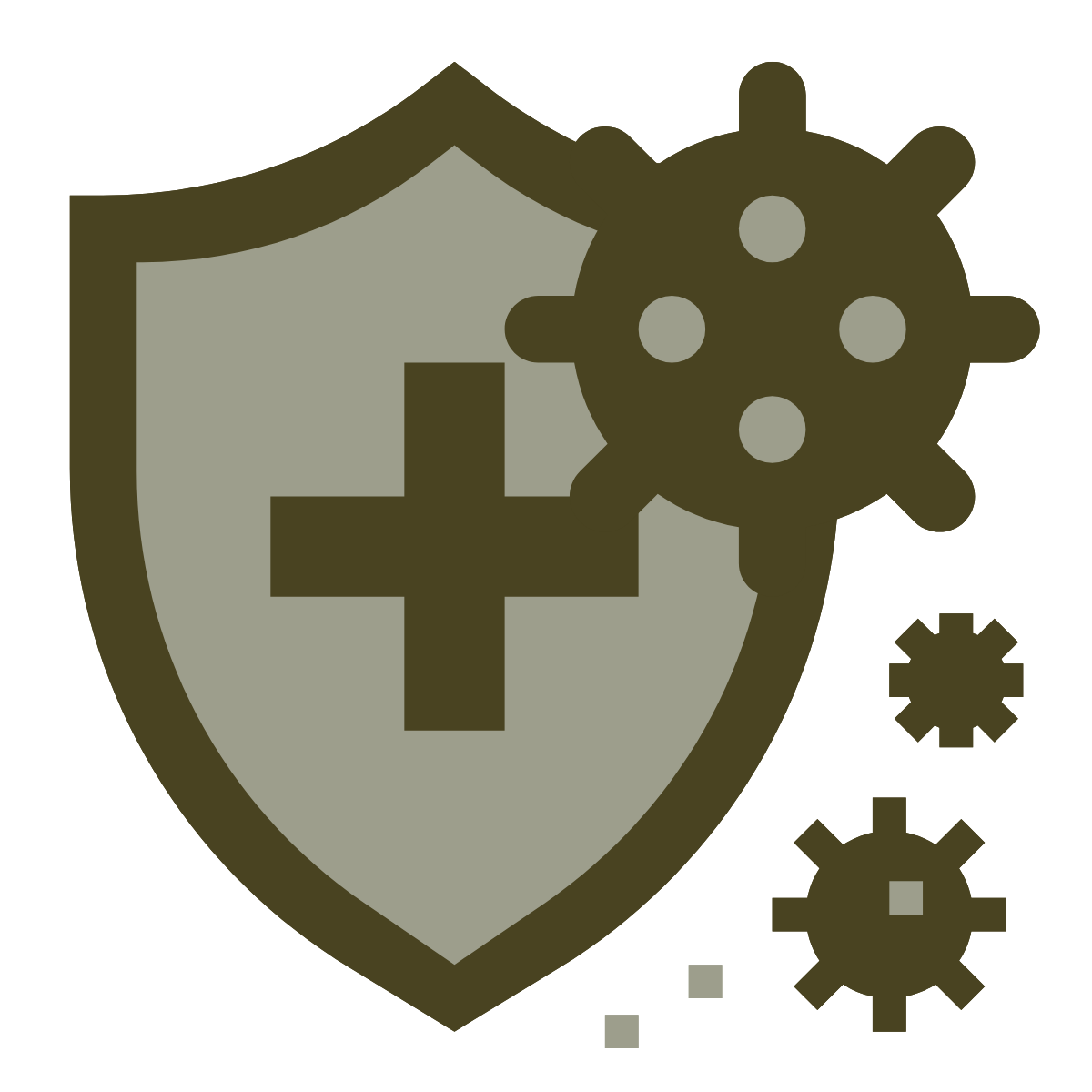 Shield with medical cross symbol, virus particles, and gears representing health protection and disease control.