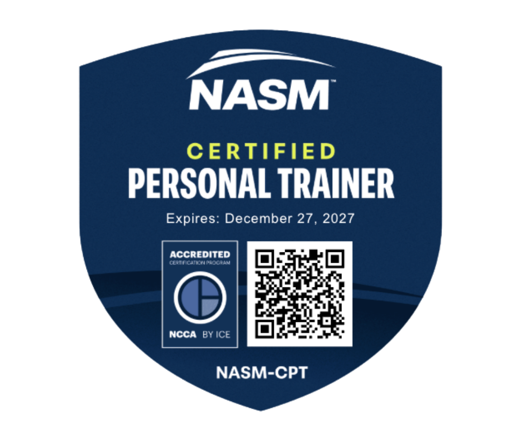 Badge for NASM Certified Personal Trainer, expires December 27, 2027, includes QR code and accreditation logo.
