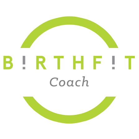 Logo for Birth Fit Coach with green circular design, with the words 'BIRTH' and 'FIT' separated by exclamation marks, and the word 'Coach' underneath in gray.