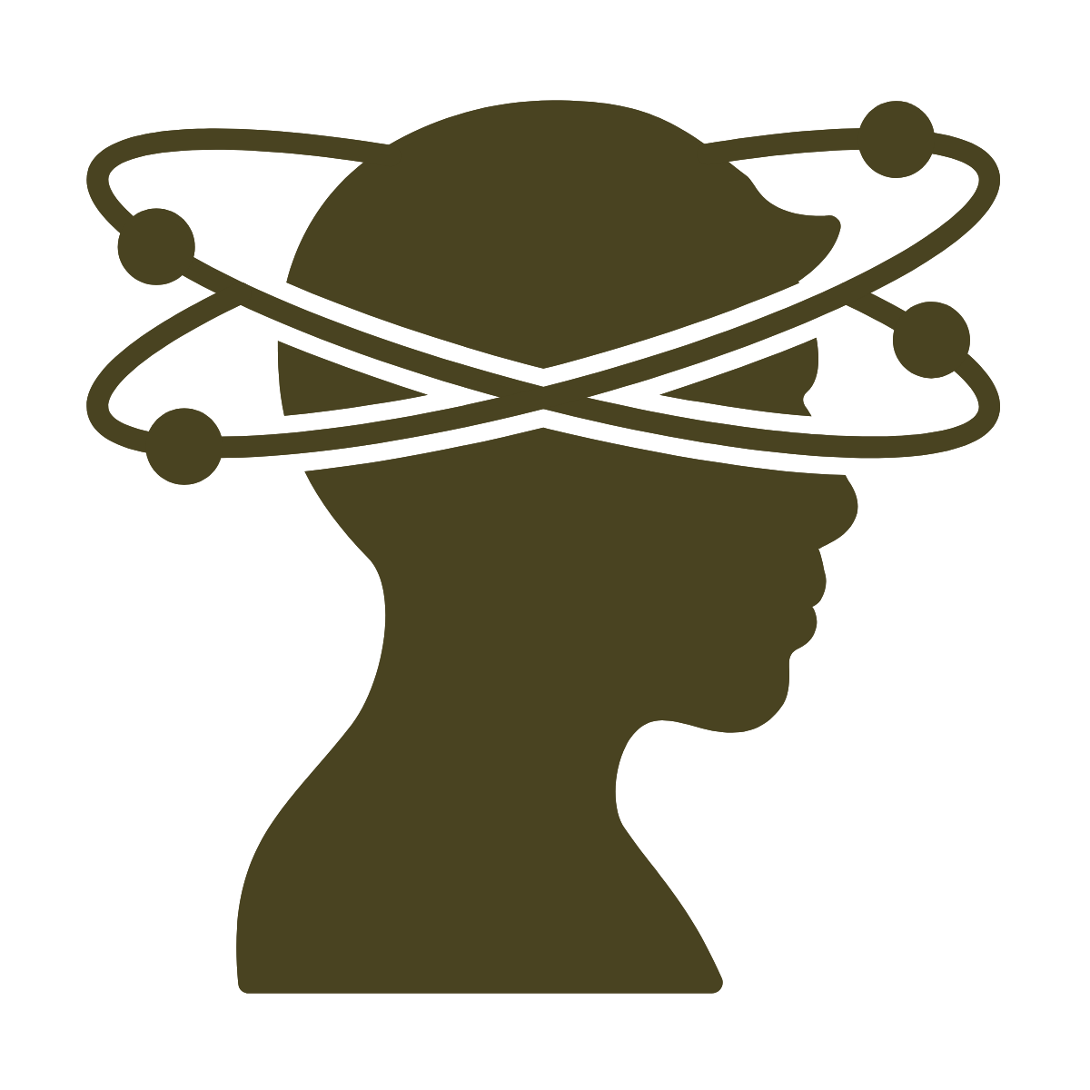 Silhouette of a woman's head with an abstract depiction of an atomic or planetary orbit around her head, symbolizing ideas or thoughts.