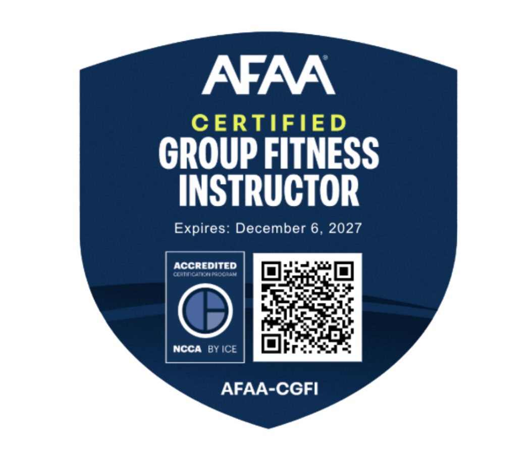A badge for AFAA Certified Group Fitness Instructor, with expiration date December 6, 2027, displaying an accreditation logo, a QR code, and the code AFAA-CGFI.