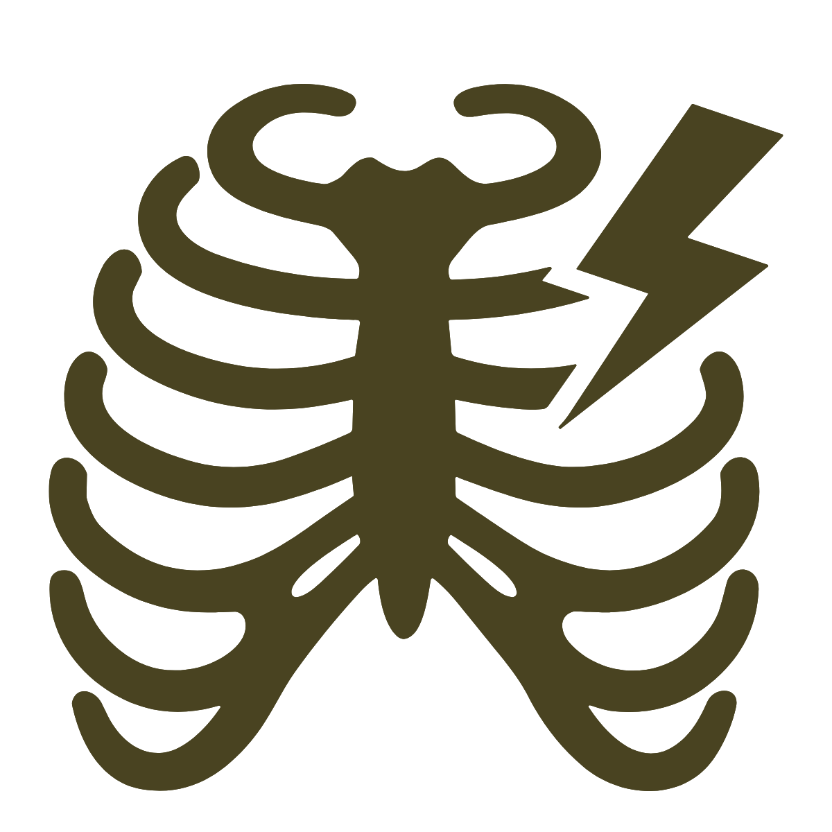 Stylized skeleton with a lightning bolt through its upper right side, in dark brown or black color.