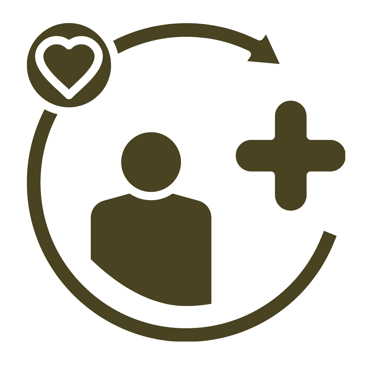 Icon representing health or medical care with a user profile, a heart, and a plus sign.