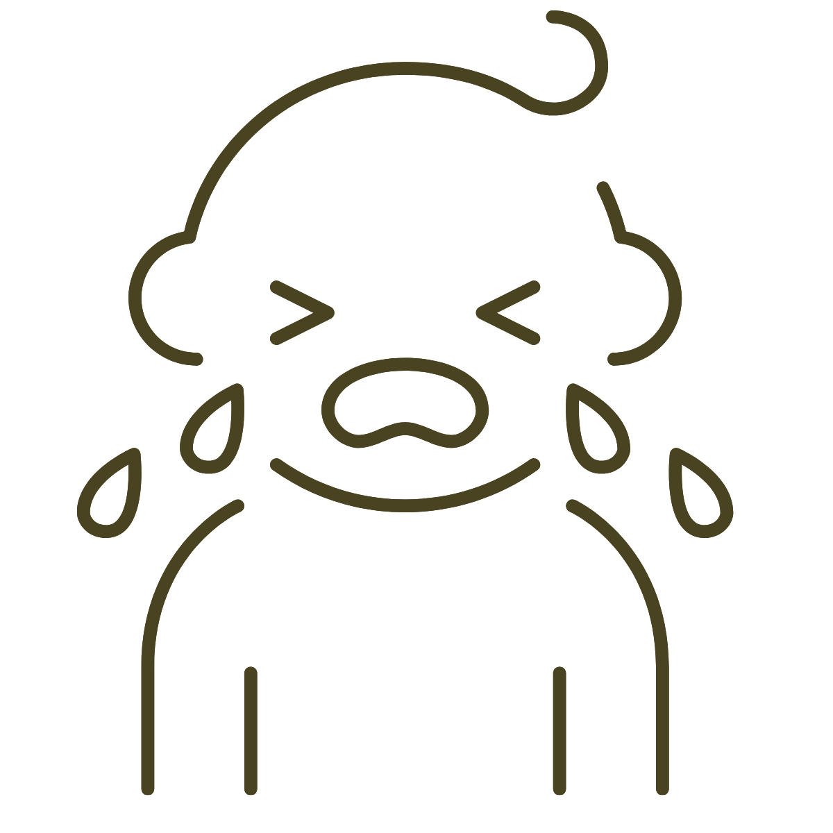 Line drawing of a crying baby with tears streaming down its face and a distressed expression.