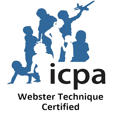 Silhouettes of children playing and climbing with an airplane, with the text "icpa" and "Webster Technique Certified" underneath.