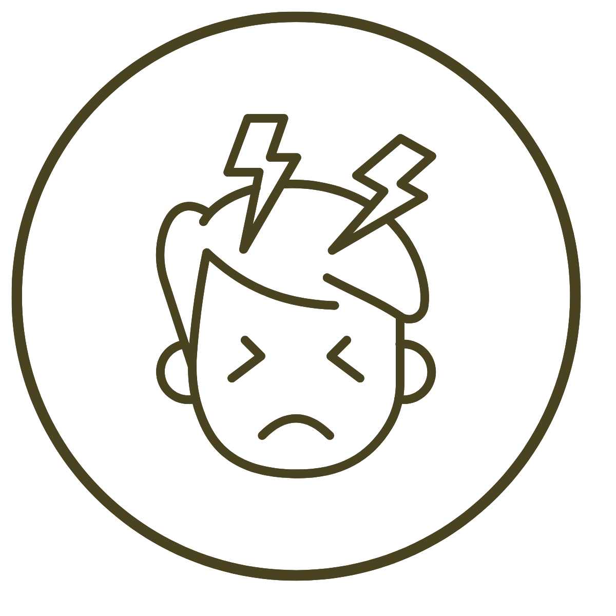 A line drawing of a person's head with an open top, two lightning bolts coming out, and a sad facial expression.