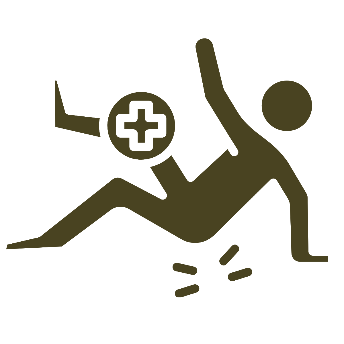 A stylized figure of a person running, with a medical cross symbol nearby, suggesting emergency or healthcare.