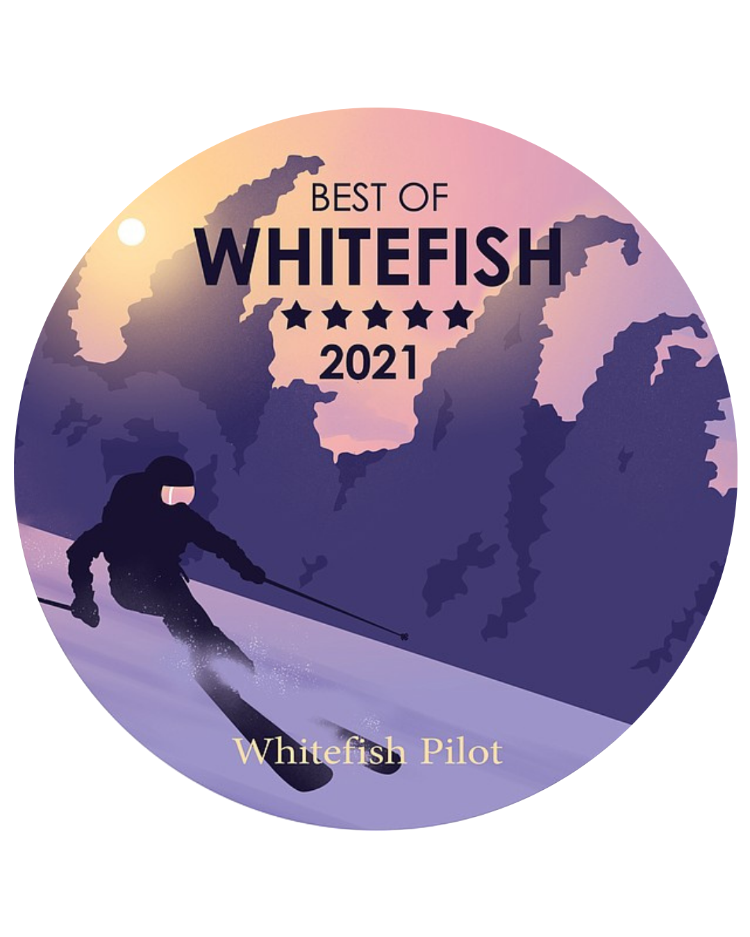 A graphic with text that reads 'Best of Whitefish 2021' with five stars and 'Whitefish Pilot' at the bottom. The award is recognizing Two Sparrows Family Chiropractic in Whitefish, Montana as best chiropractor.