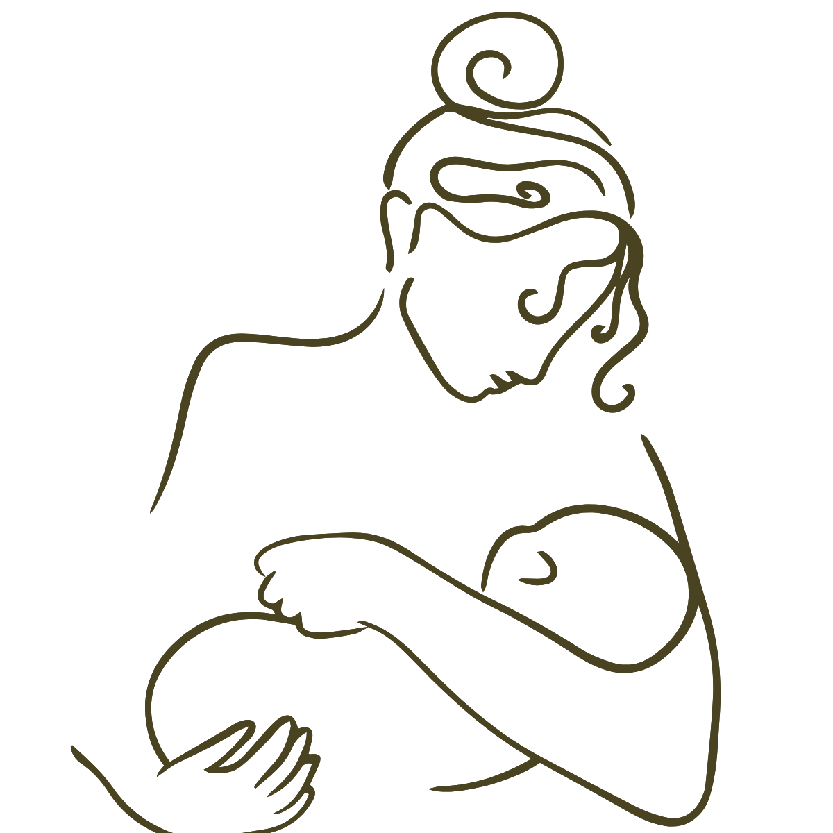 Line drawing of a mother holding her baby, with both figures looking down.