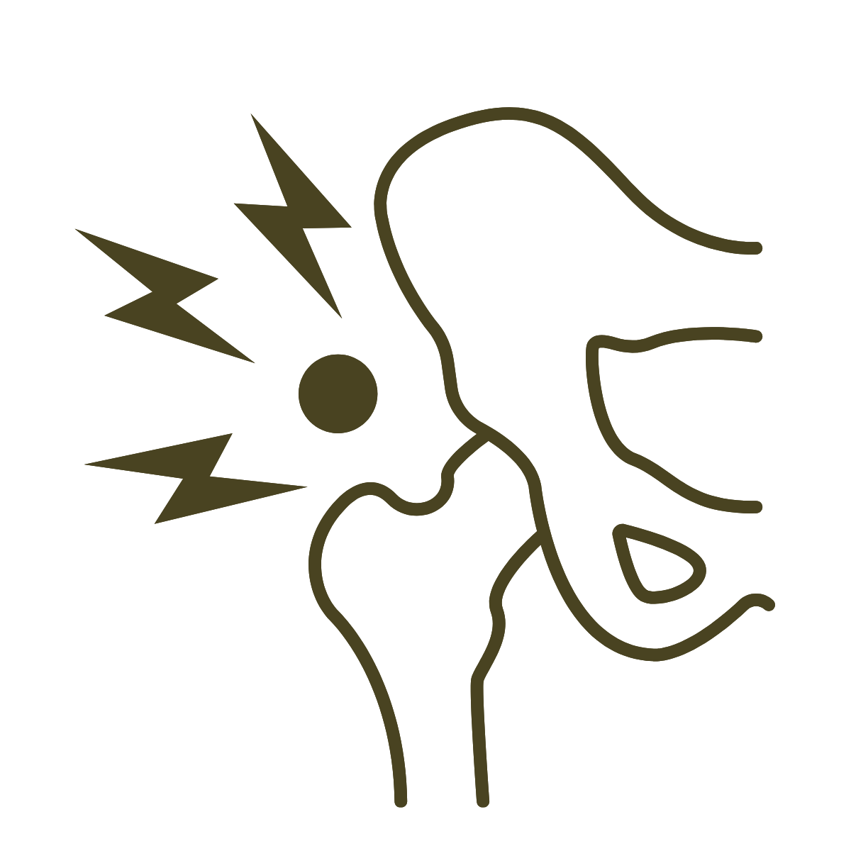 Simple outline drawing of a person's head with lightning bolts pointing towards their temple, indicating headache or pain.