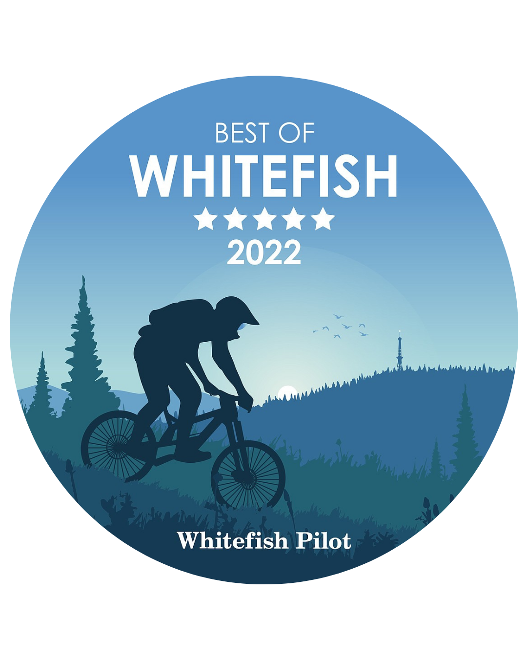 Blue circular badge with a silhouette of a person mountain biking, with the text "Best of Whitefish 2022" and "Whitefish Pilot". The award is recognizing Two Sparrows Family Chiropractic in Whitefish as best chiropractor.