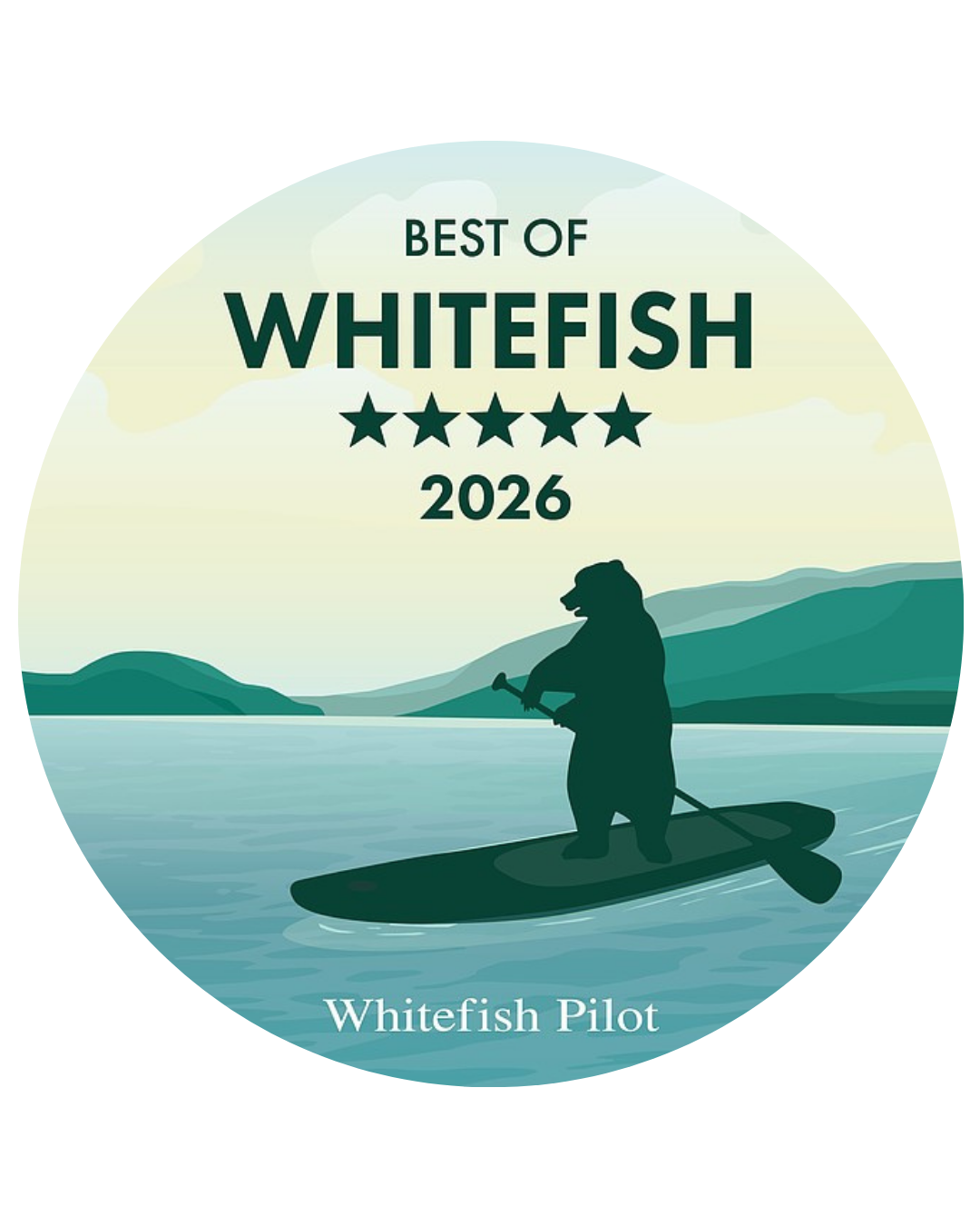 A badge or certificate design with a silhouette of a person paddleboarding on a lake, and the text 'Best of Whitefish 2026' and 'Whitefish Pilot'. Award is recognizing Two Sparrows Family Chiropractic in Whitefish, Montana as best chiropractor.