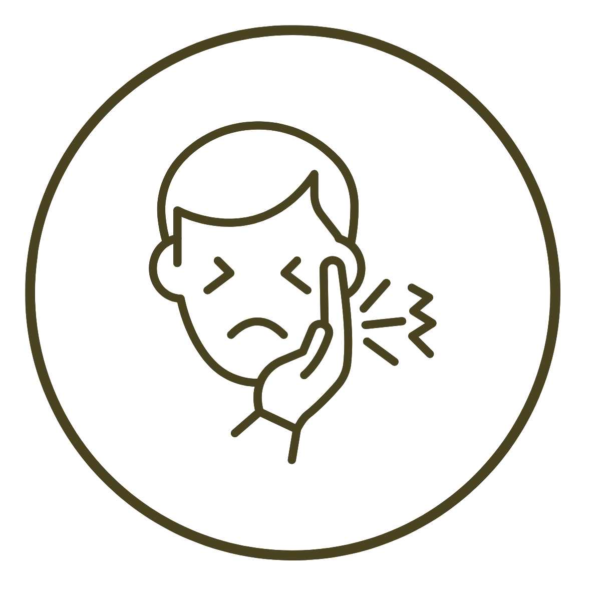 Illustration of a person with a sore throat, holding their hand to their throat, with radiating lines indicating pain