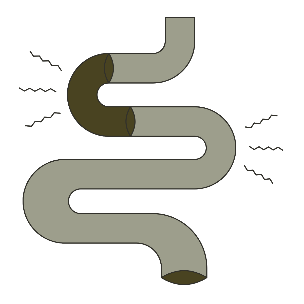 Illustration of a chemical molecule with two curved, parallel gray chains connected by a brown structure, with black squiggly lines representing particles or energy.