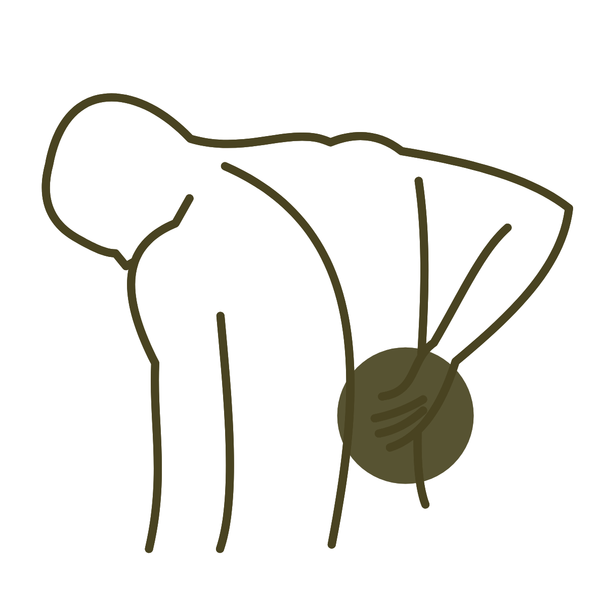 Outline drawing of a woman in a bent-over posture with her hand on her knee.