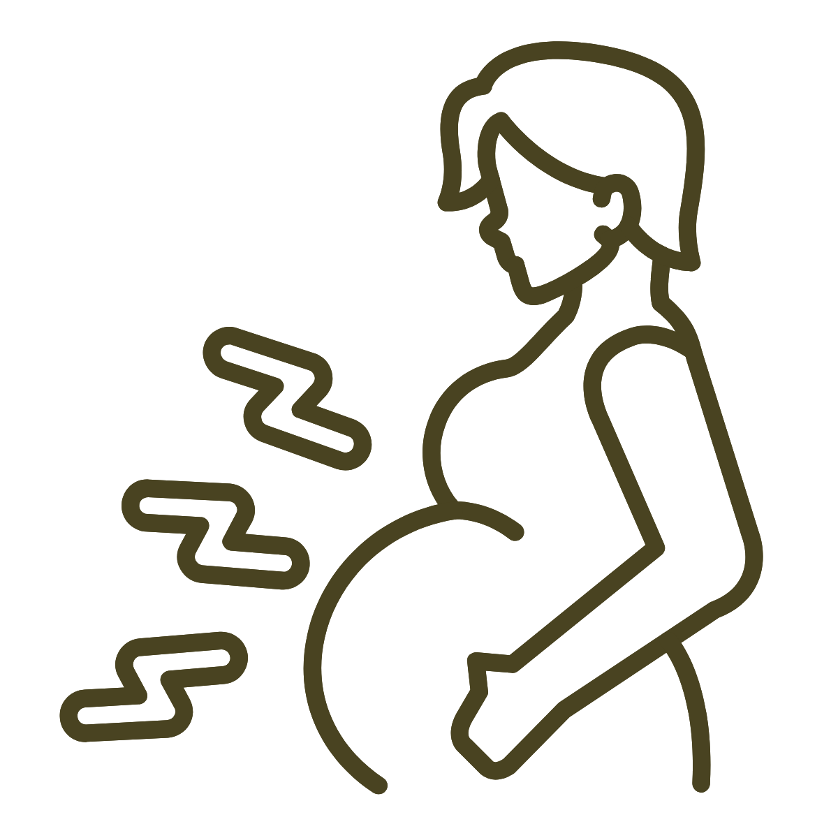 Outline drawing of a pregnant woman holding her belly with hand, with zigzag lines near her abdomen indicating discomfort or pain.