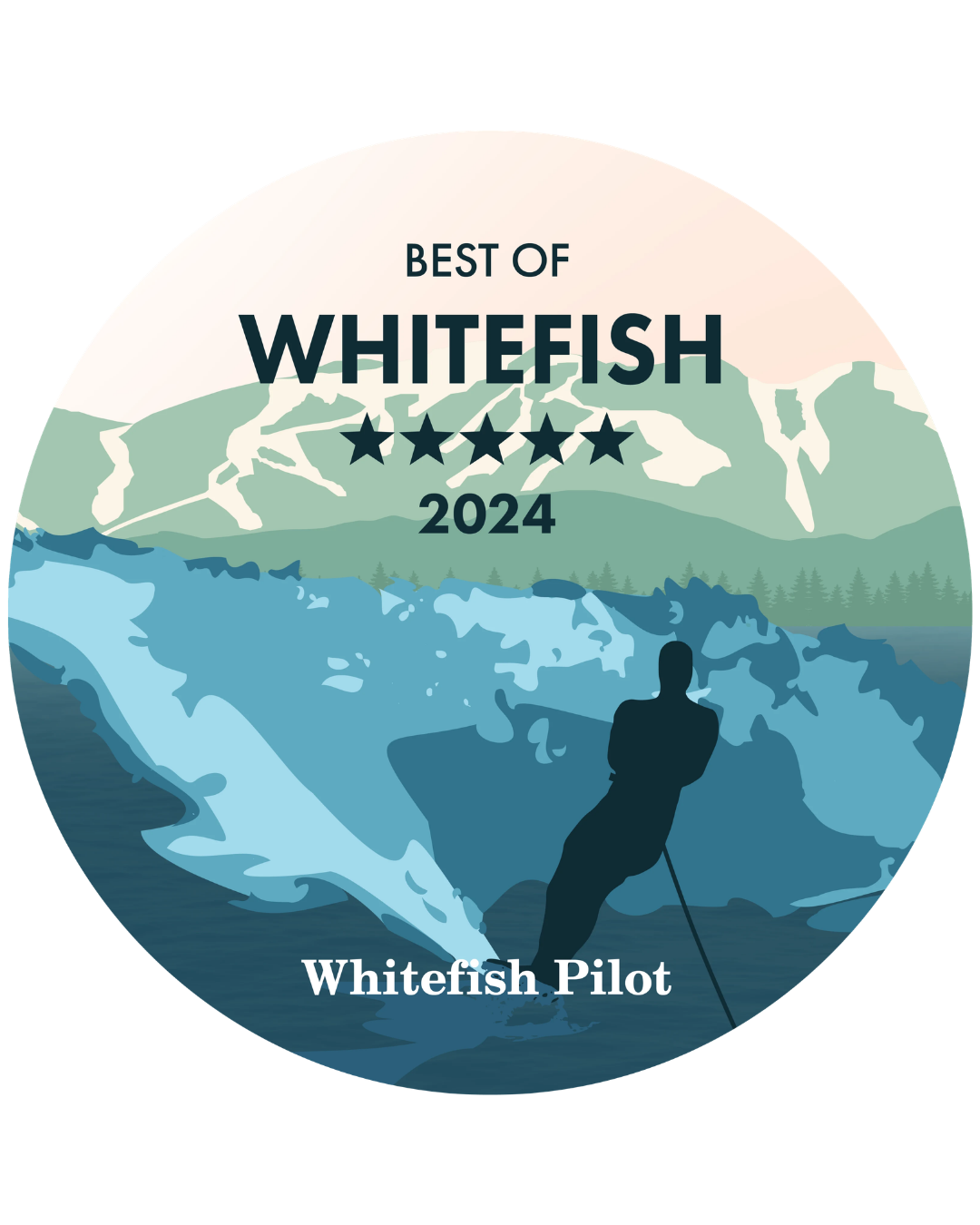 A circular badge with a mountain and water landscape, and the text "Best of Whitefish 2024" with five stars and "Whitefish Pilot" at the bottom. The award is recognizing Two Sparrows Family Chiropractic in Whitefish, Montana as best chiropractor.