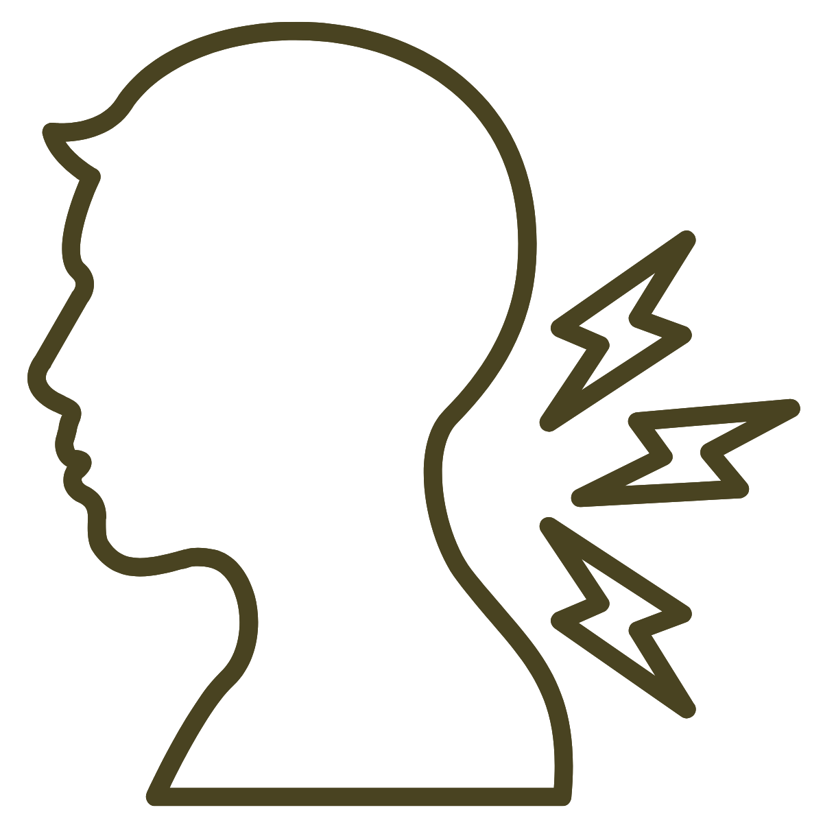 Outline of a person's head with lightning bolts coming from the ear, indicating earache or ear pain.