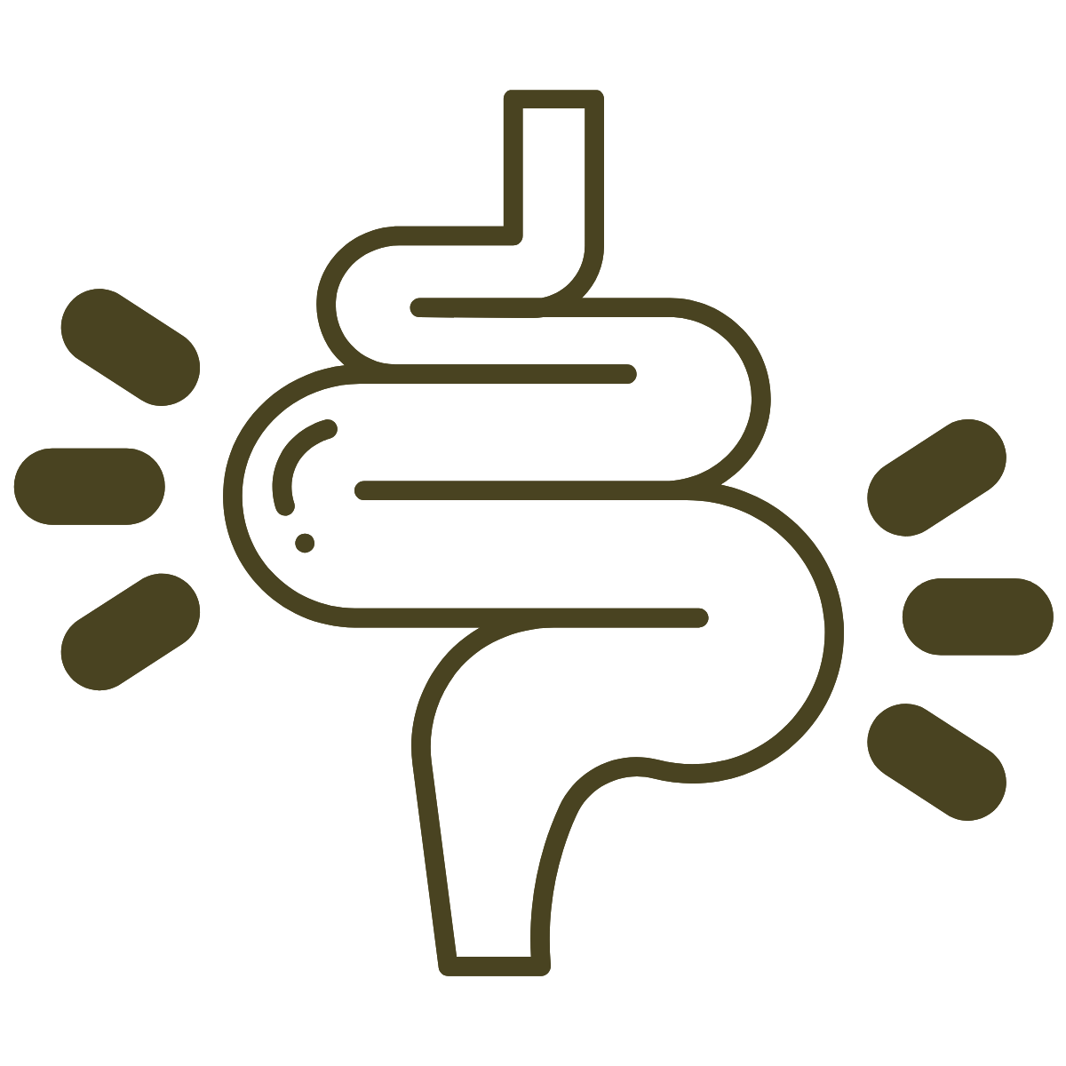 Line drawing of a stomach with pills on either side, indicating digestion or medication.