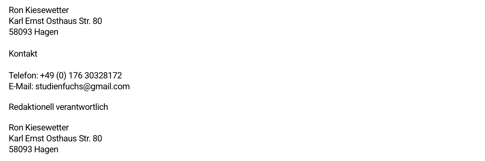 Ein Text mit Kontaktinformationen, inklusive Name, Adresse, Telefonnummer und E-Mail, auf einem weißen Hintergrund.