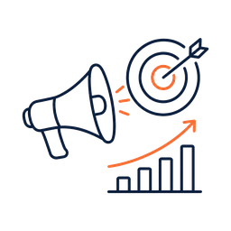 Ein Megafon, ein Ziel mit Pfeil, und ein aufsteigendes Balkendiagramm, symbolisieren Marketing und Erfolg.
