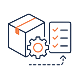Illustration eines Pakets mit einer Checkliste und einem Zahnrad, symbolisiert Versand, Logistik oder Versandverwaltung.
