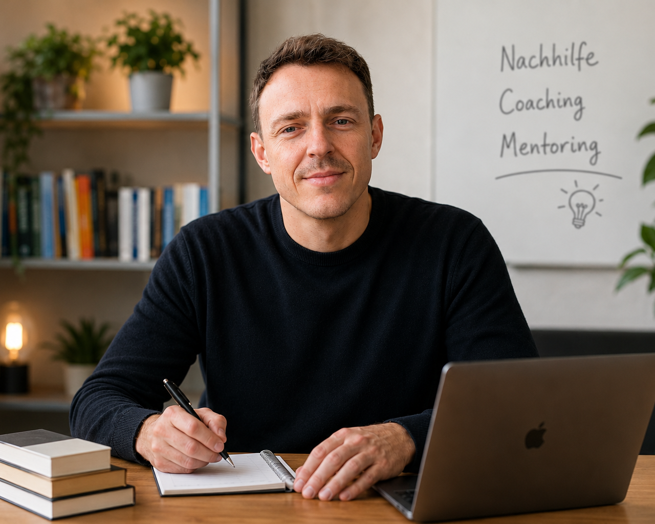 Ein Mann sitzt an einem Schreibtisch mit einem Laptop und Notizbuch, im Hintergrund eine Tafel mit den Worten 'Nachhilfe, Coaching, Mentoring' und einer Glühbirne. Er hält einen Stift in der Hand und blickt lächelnd in die Kamera.