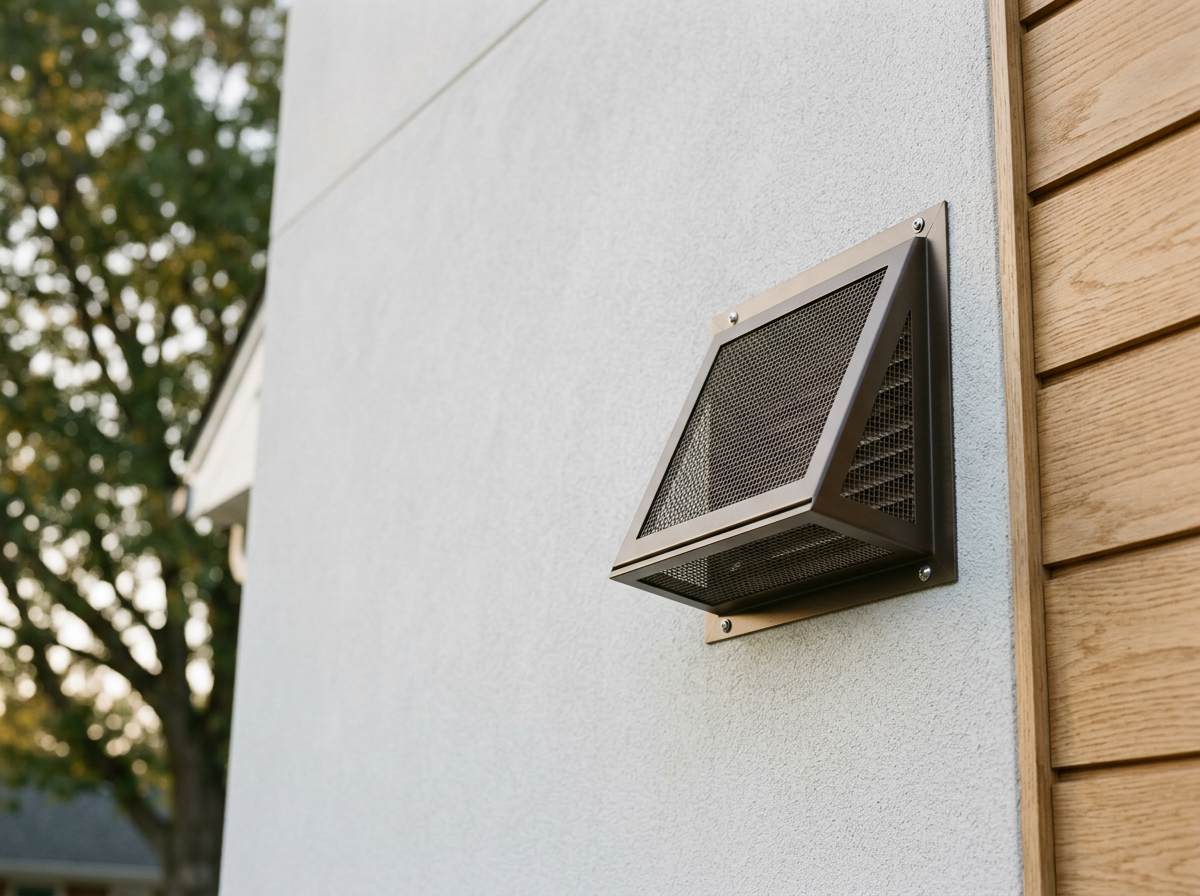 Exterior vent mounted on a wall of a house, with a textured gray wall and wooden siding, and a tree with green leaves in the background.