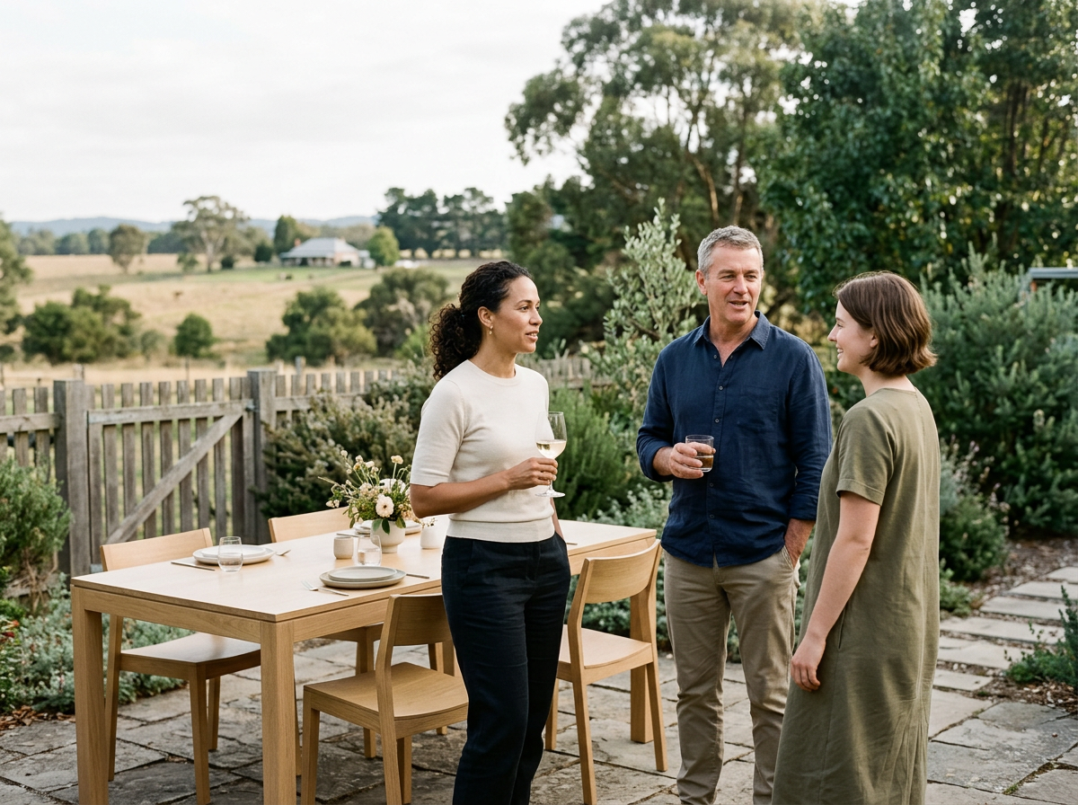 Three people having a conversation outdoors in a backyard, with a wooden dining table set with glasses and plates nearby, surrounded by trees and a green landscape.