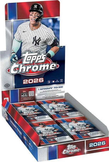 A display box of 2026 Topps Chrome baseball trading cards featuring a New York Yankees player in uniform.