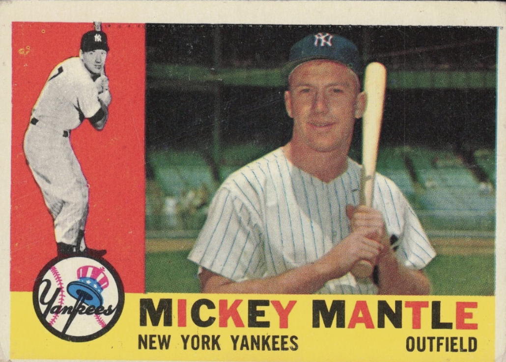 Vintage baseball card featuring Mickey Mantle of the New York Yankees, with an image of him holding a bat and an action shot of Mantle in a batting stance, Yankees logo, and team colors.