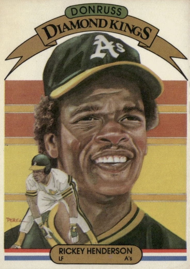 A vintage-style baseball card featuring Rickey Henderson, a former left fielder for the Oakland Athletics. The card has a caricature illustration of Henderson's face with a big smile, wearing a green baseball cap with an 'A's' logo. The background includes a striped pattern in red, yellow, and white, with a banner at the top saying "Donruss Diamond Kings" and a smaller banner below that stating "Rickey Henderson LF A's".