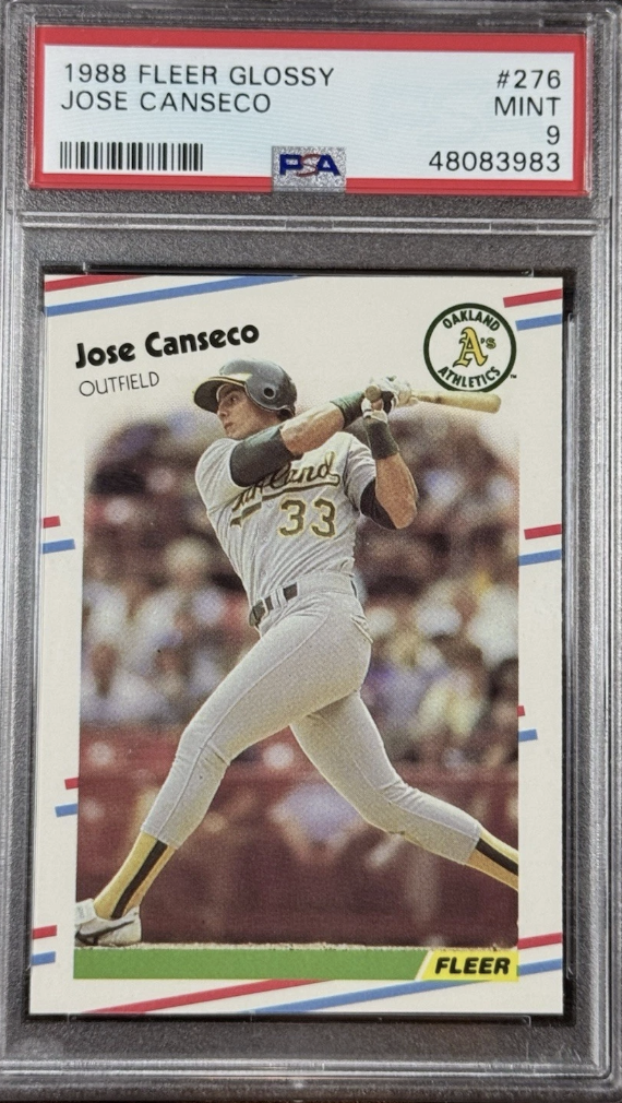 Baseball card of Jose Canseco, Oakland Athletics, 1988 Fleer Glossy, graded MINT 9, with PSA label.