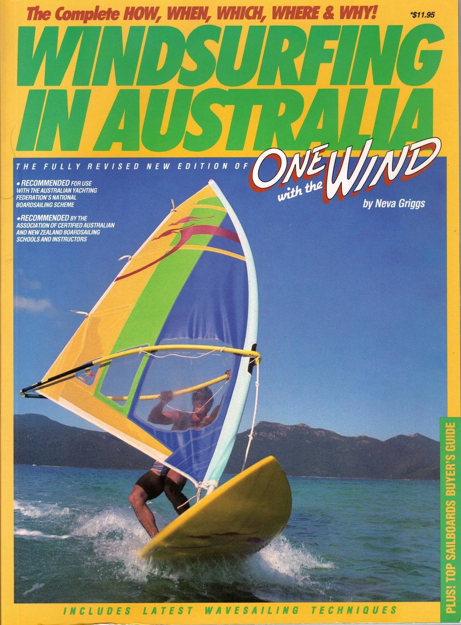 Book cover for 'Windsurfing in Australia' by Neva Griggs, showing a person windsurfing on the water with a colorful sail, landscape with mountains in the background, and a yellow border with green text.