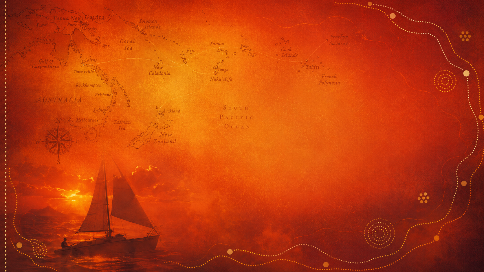 A nautical-themed map with an orange and red color scheme. It features a sailing boat in the water at sunset in the lower left corner, and a detailed map of the South Pacific and Australia with island and country names.