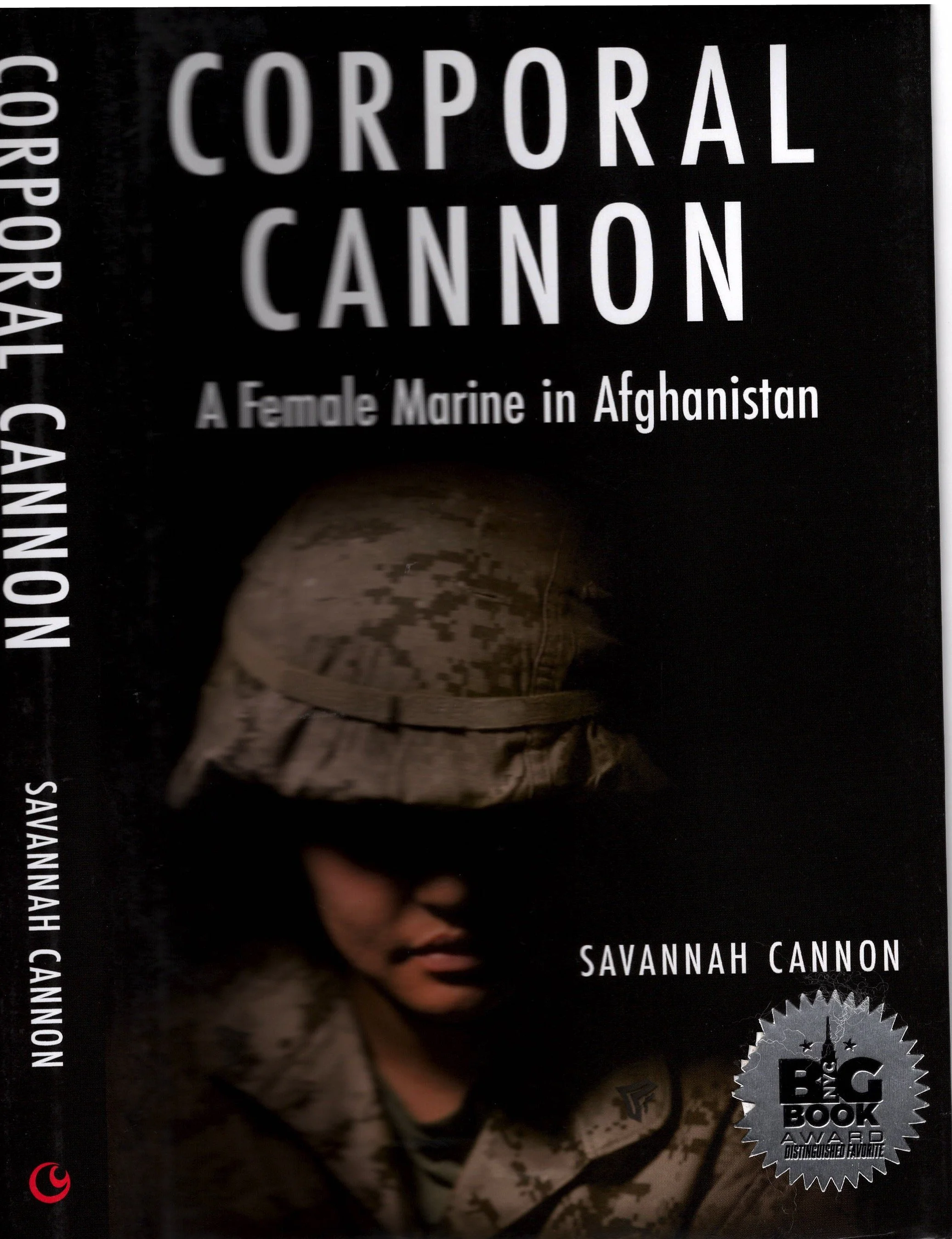 Book cover of 'Corporal Cannon' by Savannah Cannon featuring a woman in military clothing with a dog, with a badge indicating an award from the New York Book Awards.