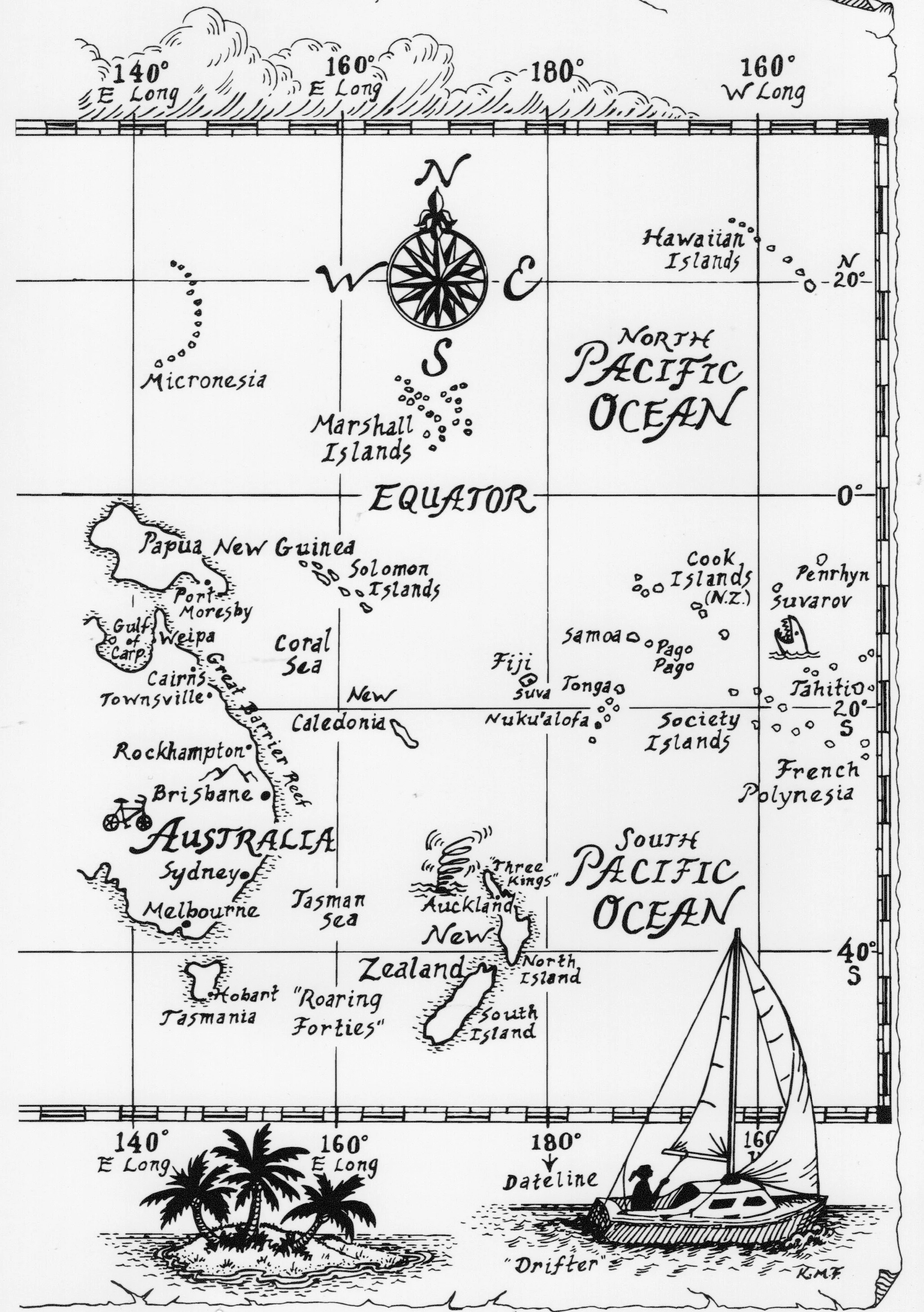 A historical map of the Pacific Ocean with islands labeled, a compass rose at the center, and an illustration of a sailboat with a person on board near some palm trees.
