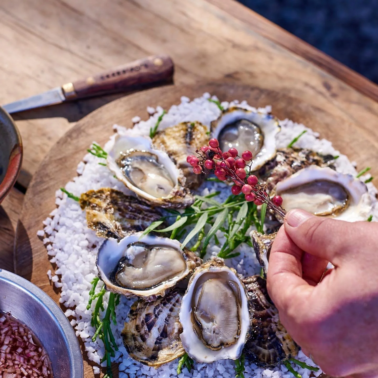Hand placing red berries on a tray of fresh oysters surrounded by ice and greenery.