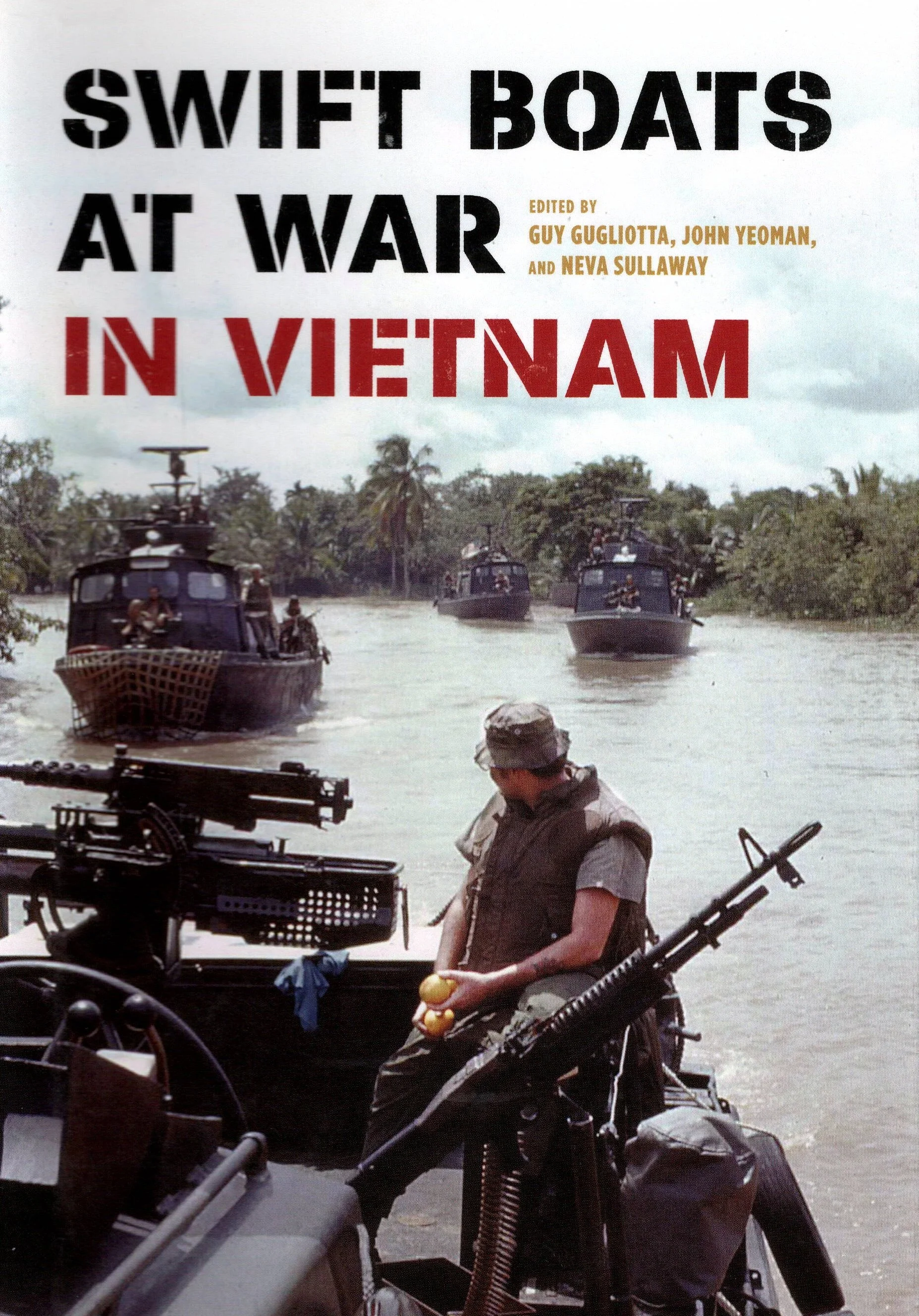 Military personnel in a boat during the Vietnam War, with palm trees and a cloudy sky in the background