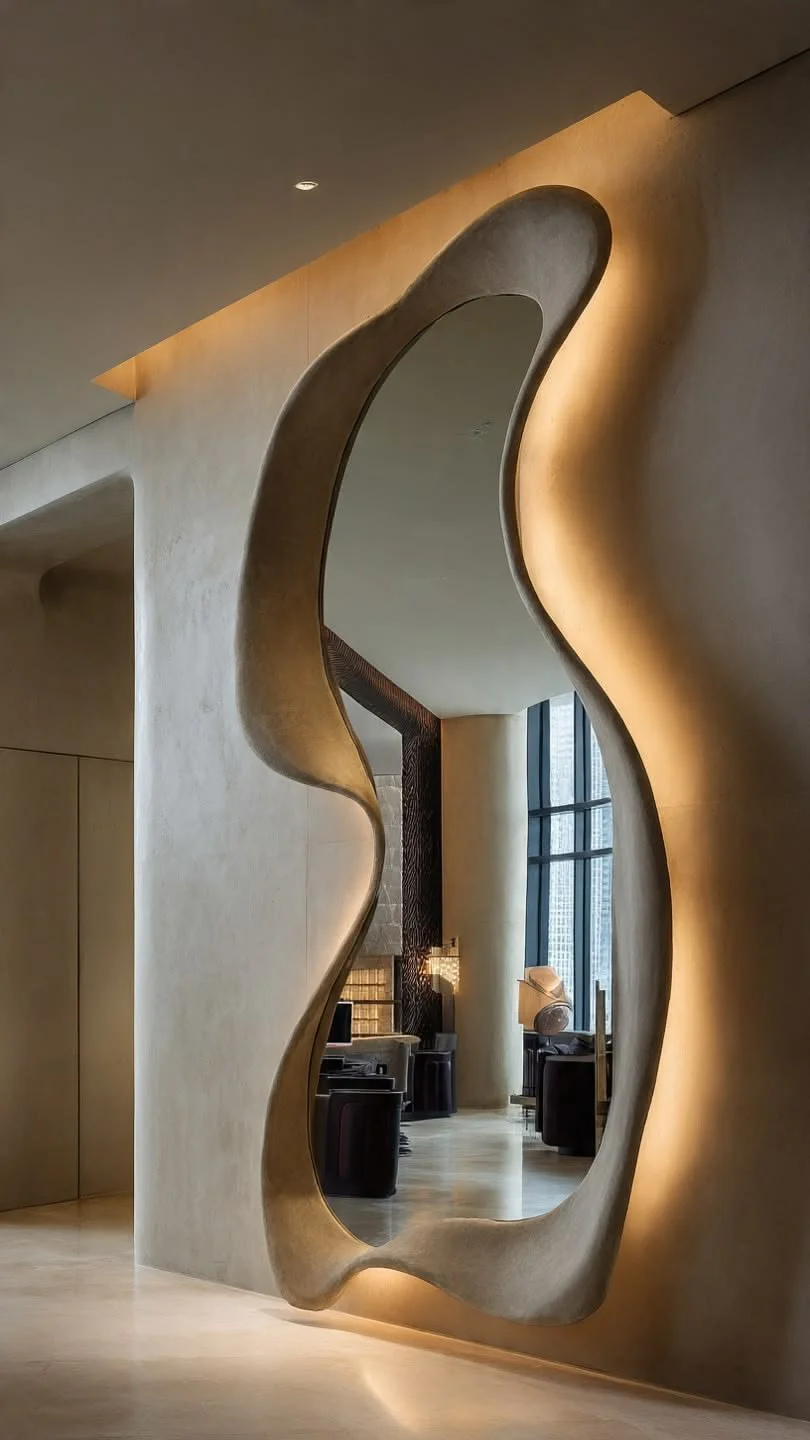 Modern interior with an artistic, abstract mirror frame opening on a wall, illuminated with warm lighting, revealing a lounge area with large windows, chairs, and a fan.