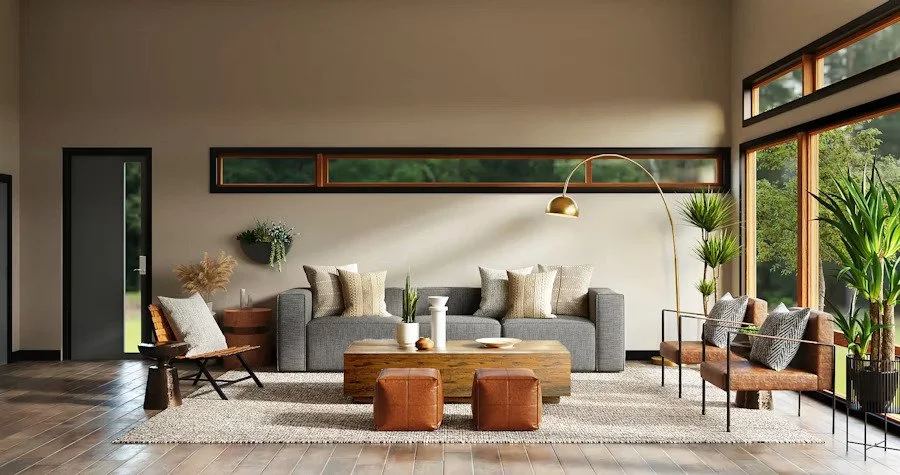 Modern living room with a gray sofa, wooden coffee table, leather armchairs, tall green plants, large windows, and neutral decor.