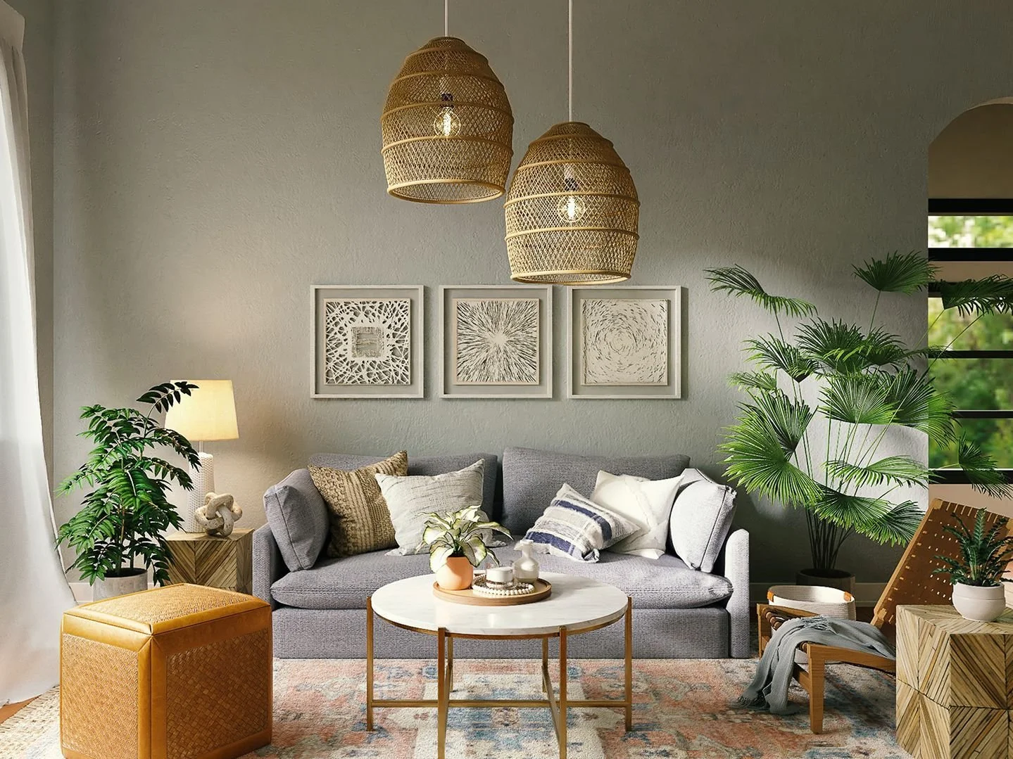 Cozy living room with gray sofa, various throw pillows, round white coffee table, potted plants, rattan pendant lights, framed art, side lamp, wooden furniture, and natural light.