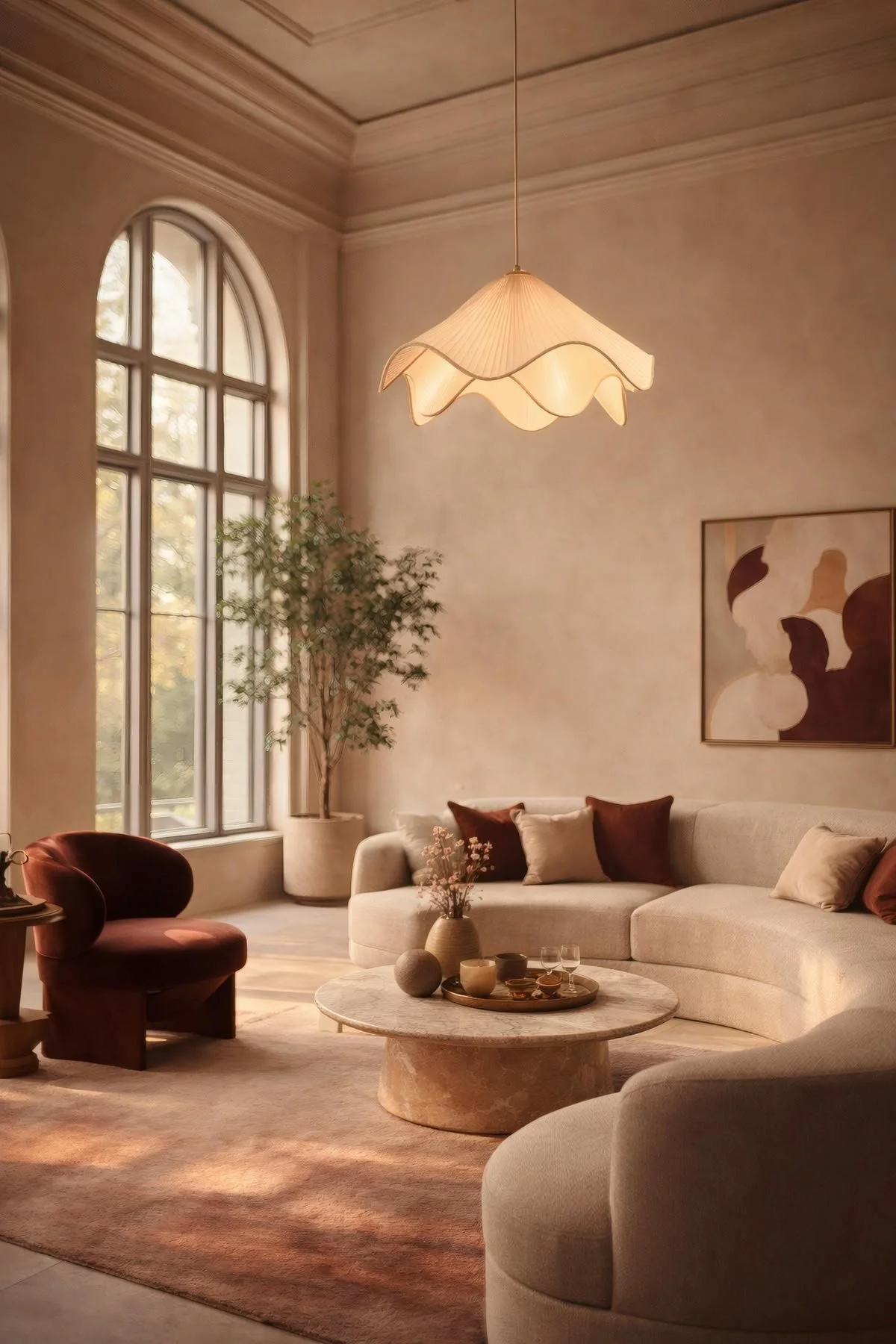 A cozy living room with a large arched window, a white sectional sofa with brown and beige pillows, a marble coffee table with decorative vases, a red velvet armchair, a tall potted plant, and modern abstract wall art. A unique scalloped fabric ceiling lamp hangs above, and sunlight filters through the window, illuminating the space.
