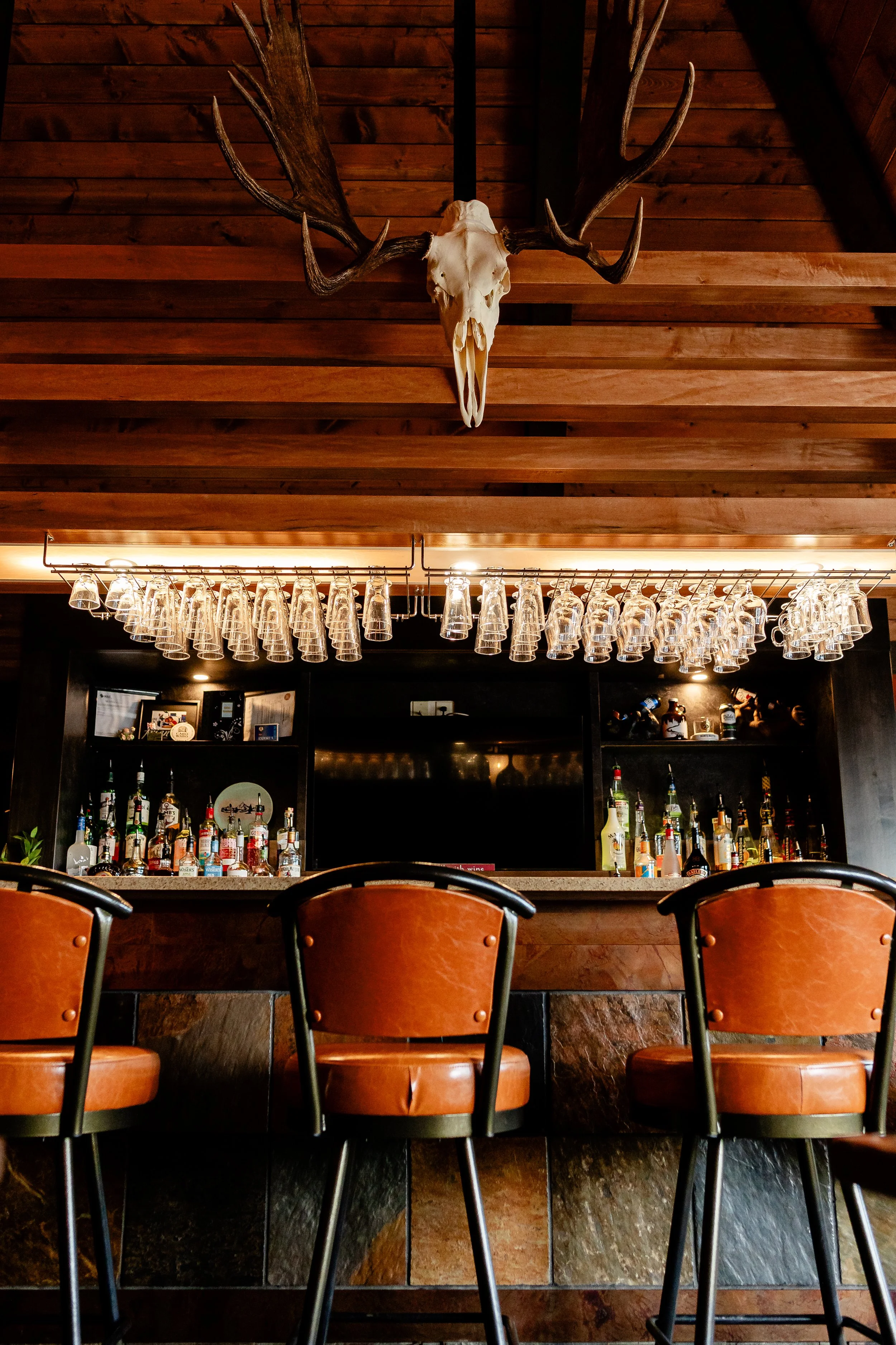 Bar with a row of liquor bottles on the counter and hanging wine glasses above. A decorative deer skull with large antlers is mounted on the wooden ceiling.
